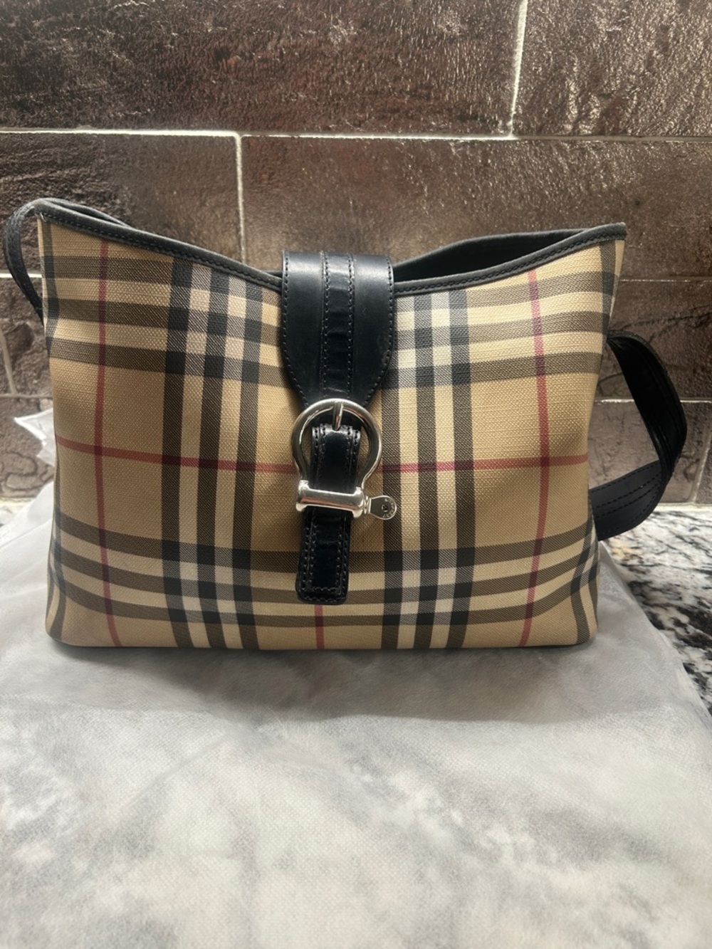 Burberry Vintage Beige Nova Check Canvas Shoulder Bag with Black Leather Trim